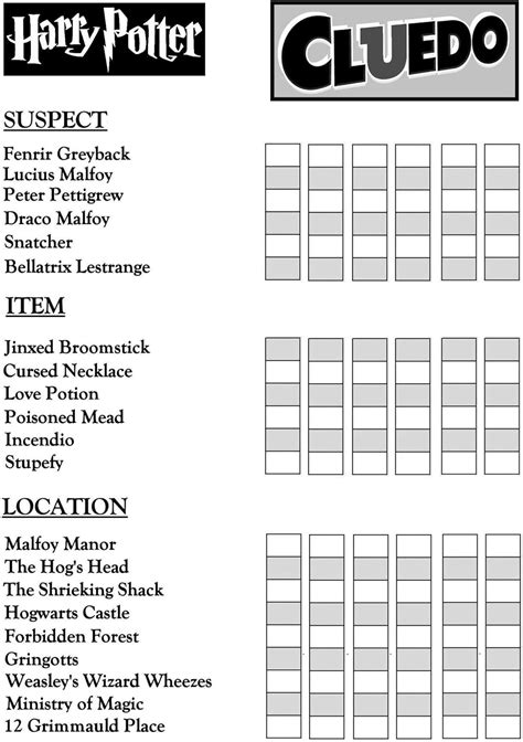 harry potter clue sheet.